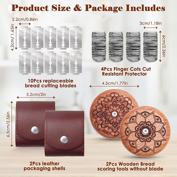 18Pcs Wooden Lame Bread Scoring Tool, Bread Scoring Lame for Baking, Including 2 Lames, 2 Leather Protective Covers, 10 Blades, 4 Finger Protectors