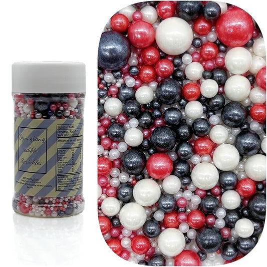 Dynastang Mixed Size Red & Black & White Pearls Sprinkles Edible Pearls Cake Decorating Pearls Cake Decorations Cupcake Toppers Cookie Decorating Perfect for Cakes, Cupcakes, Desserts Toppings 3OZ