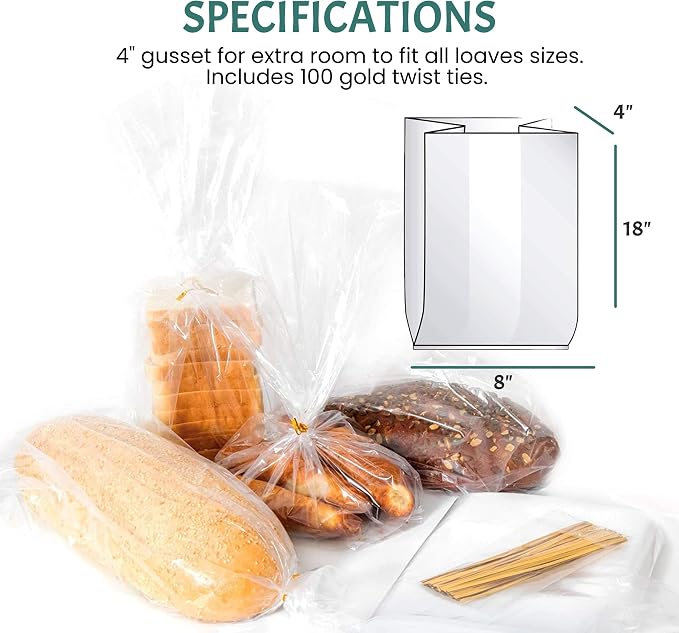 Reusable Plastic Bread Bags for Homemade Bread - 100 Pack Clear Bag with Ties For An Airtight Moisture-free Preservation and Storage - Loaf Home Bakers Bakery Owners