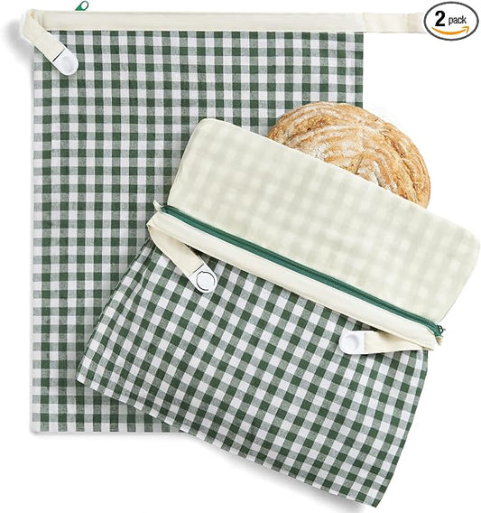 BRONYPRO Reusable Beeswax and Linen Bread Bags with Zipper, 2-Pack Waxed Bread Bags for Homemade Bread & Sourdough, Sustainable Loaf Storage to Lock in Freshness, Large 17x12.6in, Green Gingham