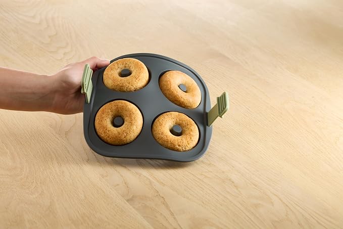 Lékué Air Fryer Donut Mold - Make 4 Donuts in under 30 mins - 100% Platinum Silicone Baking Pan for Air Frying, Fits in Draw Tray, Pull-up Handles for Easy Removal, Non-Stick, Easy De-Molding