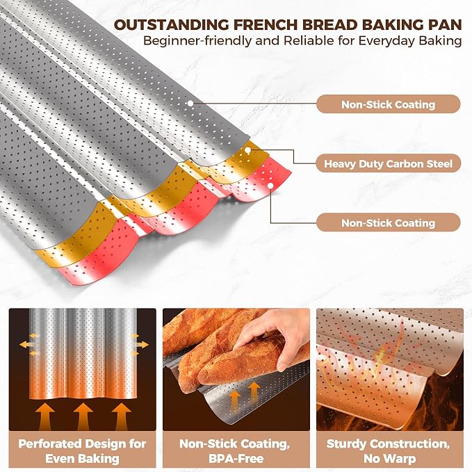 Baguette Bread Pan, Premium Nonstick Perforated French Bread Baguette Baking Pan, 3 Loaves Baguette Tray for Sourdough, Italian Bread, Sub Roll, Perfect for Creating Crisp Golden-Brown Crust
