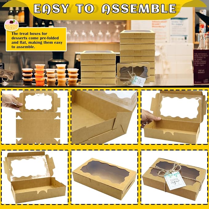 40 Pack Cookie Boxes with Clear Window, 7 x 4 3/8 x 1½ Inch Small Kraft Candy Boxes Premium Pastry Boxes with Tags Ropes for Cookie Packaging, Dessert, Donuts, Pie, Cupcakes, Parties