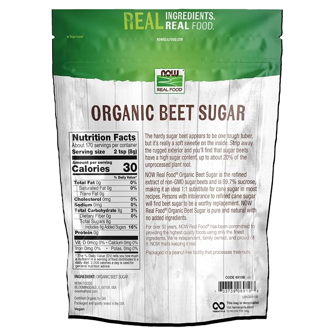 NOW Foods, Certified Organic Beet Sugar, Extracted from Organic Sugar Beets, Excellent Substitute for Cane Sugar, No Additivies or Fillers, Certified Non-GMO, 3-Pound (Packaging May Vary) (Pack of 2)
