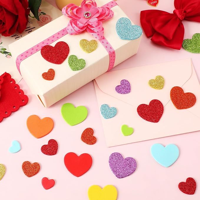 600Pcs Glitter Foam Heart Stickers Valentines Day Love Sticker | 3 Sizes, Self-Adhesive Heart Decal, Party Favors, Handmade Card DIY Crafts, Love-Themed Projects Decorations, Valentines Gift