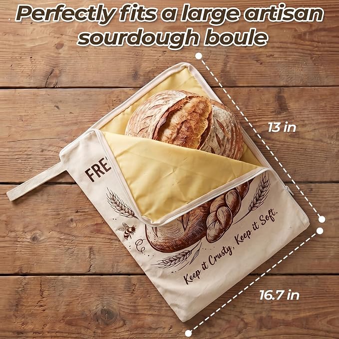2 Pack Beeswax Sourdough Bread Bags, Reusable Storage Bags with L-Shaped Zipper, 13" x 16.7" Extra Large Bread Bags for Homemade Bread, Keep Fresh Longer