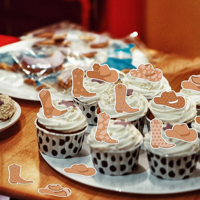 36PCS Edible Cowboy Cupcake Toppers Wafer Paper Brown Horse Boots Hat Cupcake Picks Edible Rodeo Cake Decorations for Western Horse Racing Theme Birthday Baby Shower Party Supplies