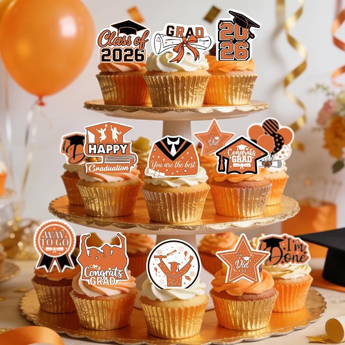 48pcs Edible 2026 Graduation Cupcake Toppers Wafer Paper Orange Class of 2026 Cake Decorations Edible Congrats Grad Cupcake Picks for 2026 Graduation Theme Party Cake Supplies