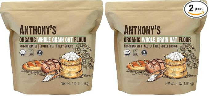 Anthony's Organic Whole Grain Oat Flour, 4 lb, Gluten Free, Non GMO, Non Irradiated, Finely Ground, Vegan (Pack of 2)