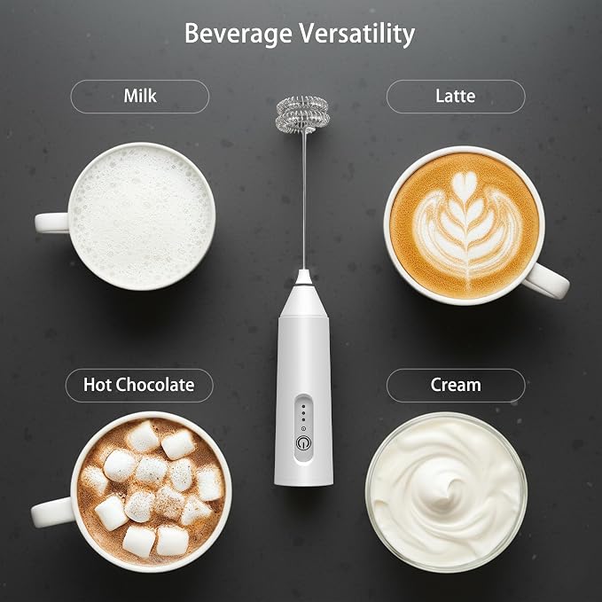 Puraville Rechargeable Electric Milk Frother Handheld, 3 Speeds Electric Whisk Drink Mixer with Stand, Type-C Charging BPA Free for Coffee, Latte, Cappuccino, Egg, Cream, White