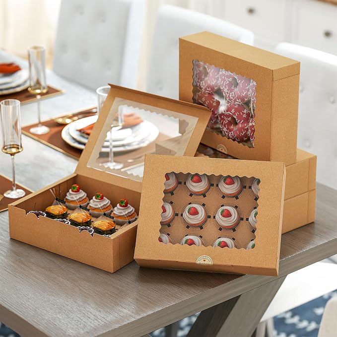 50 PCS 12 Count Cupcake Boxes Bulk for Dessert | Brown,Clear Window,Kraft,Cupcake Containers,Dozen,Deep,Cupcake Carrier With Inserts&Sticker,for Party, Birthday,Holiday,Gift