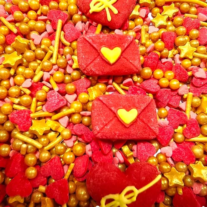 Edible Valentines Sprinkles for Cake Decorating 100g/ 3.53oz, Edible Red Pink Heart Gold Mix Sprinkle for Decorating Baking Cupcakes Cake Cookies Ice Creams Candy