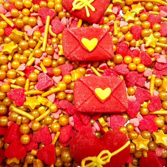 Edible Valentines Sprinkles for Cake Decorating 100g/ 3.53oz, Edible Red Pink Heart Gold Mix Sprinkle for Decorating Baking Cupcakes Cake Cookies Ice Creams Candy