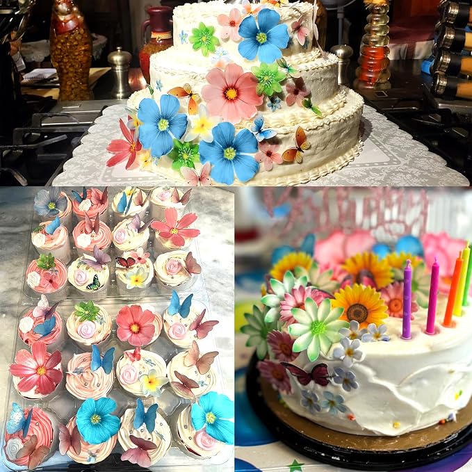 56 Pcs Edible Flowers Cake Topper Cupcake Toppers Decorations Wafer Paper Pink Cherry Blossom Flowers Wedding Themed Party Birthday Cake Decoration