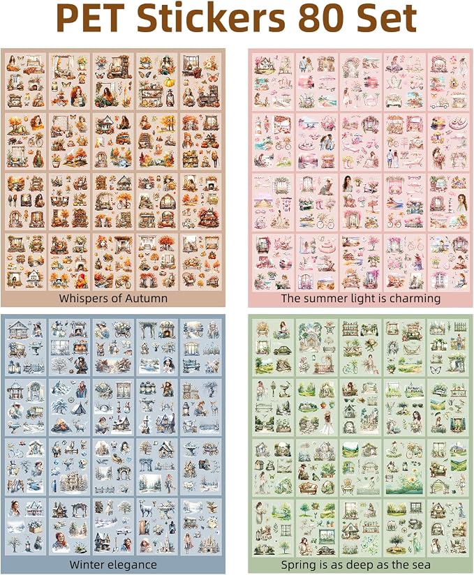Four Seasons Style Stickers Scrapbooking Supplies for Junk Journal, Four Sticker Books, 80 Sheets PET Stickers