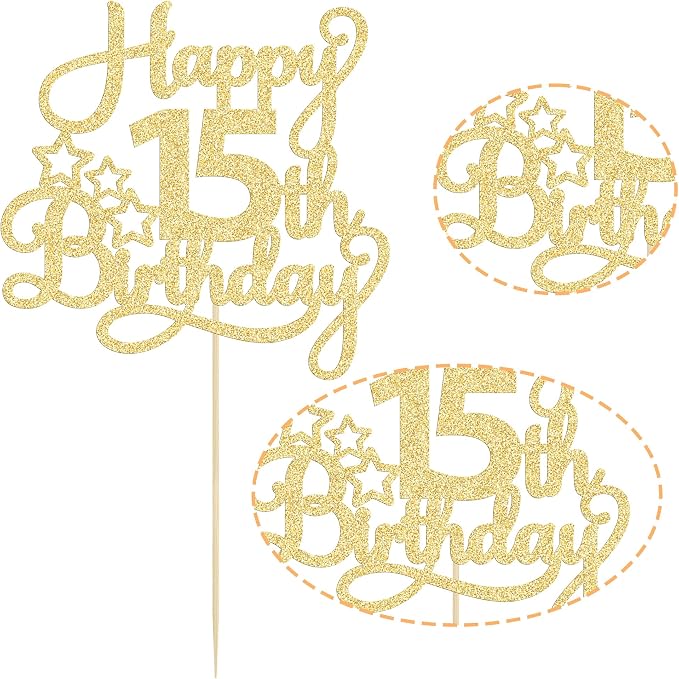 1 Pack Happy 15th Birthday Cake Topper Gold Glitter Mis Quince 15 Cheers to 15 Years Old Cake Pick for Celebrating 15th Birthday Anniversary Party Cake Decorations Supplies