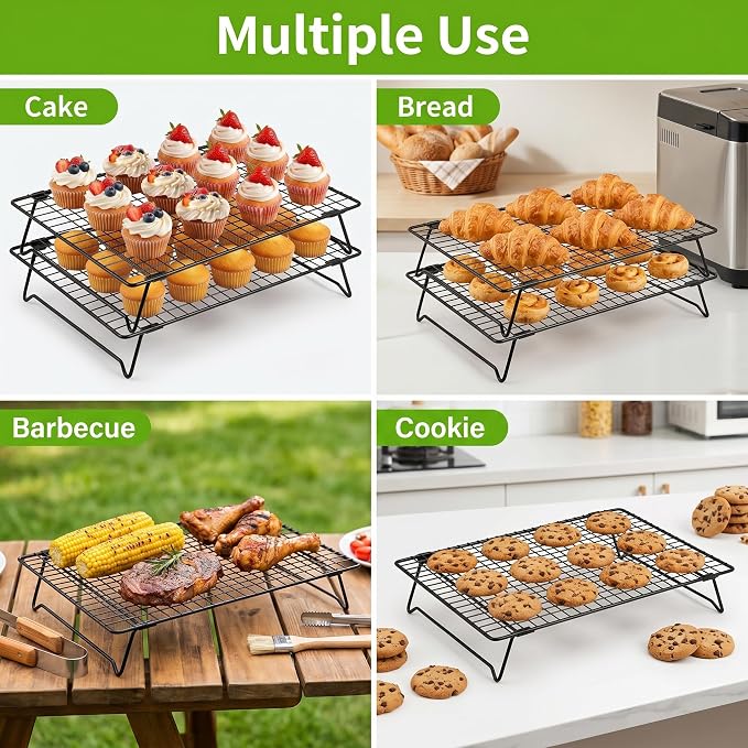 2 Pack Cooling Racks for Cooking and Baking, 13.4"x9.4" Nonstick Carbon Steel Wire Baking Rack, Foldable Cooling Racks for Cooking and Baking, 2-Tier Roasting and Drying Rack With 100 PCS Baking Paper | Foldable Legs,Stackable,Anti-slip,Smooth,Square g...