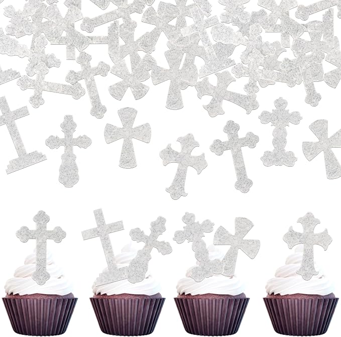 60 PCS Edible Cross Cupcake Toppers Wafer Paper God Bless and Baptism Cupcake Picks Edible Christian Baptism Cross Cake Decorations for Religious Theme Baby Shower Birthday Party Supplies Silver