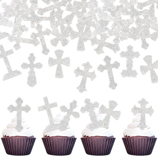 60 PCS Edible Cross Cupcake Toppers Wafer Paper God Bless and Baptism Cupcake Picks Edible Christian Baptism Cross Cake Decorations for Religious Theme Baby Shower Birthday Party Supplies Silver