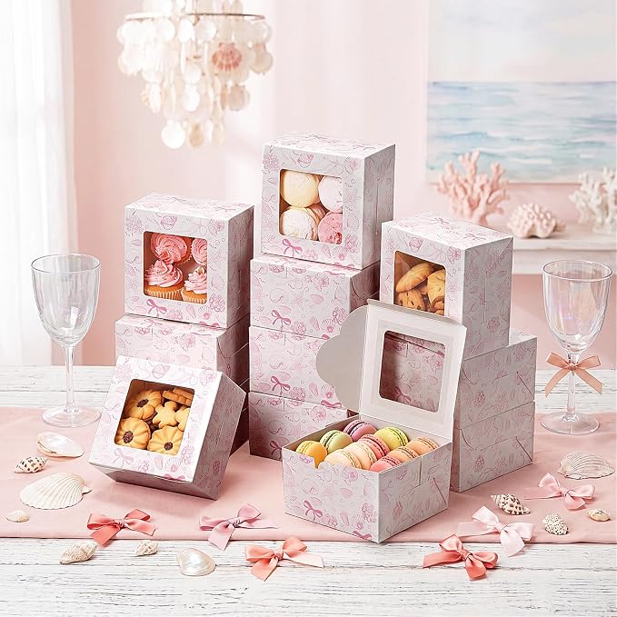 50 Pack Pink Seashell Cookie Boxes with Window, Pink Bow Treat Boxes for Bridal Shower, Baby Girl Shower & Coastal Wedding - Bakery Favor for Cookies, Macarons & Cupcakes