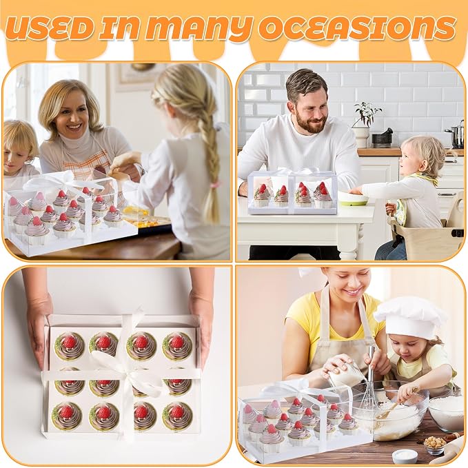 JCD 8 Pack Clear Cupcake Boxes,5.5inches height 12 Counts Cupcake Containers with Gift Ribbon,Bento Boxes with Clear Lid for 12 Cupcakes for Treat Dessert Cookies Muffins Pastry Party (12count/8pcs)