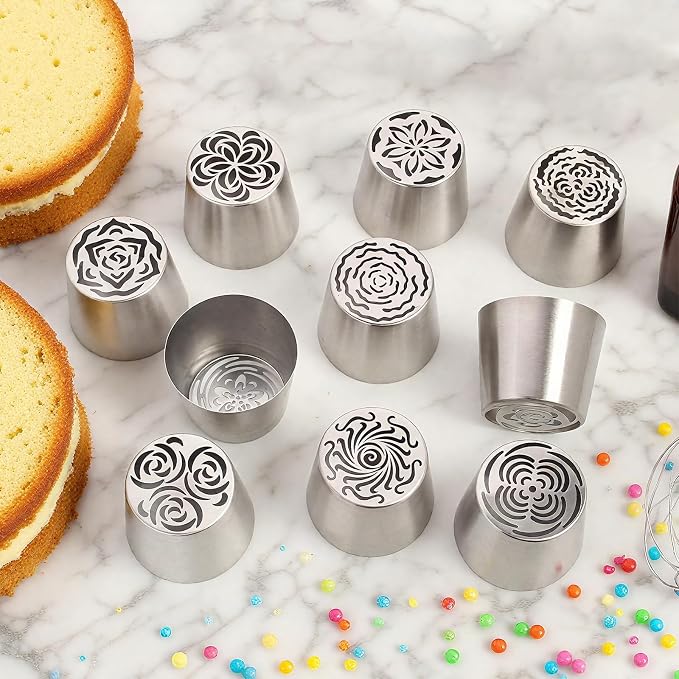 10 Pcs Extra Large Cake Decorating Russian Flower Piping Tips Set, Oversize Russian Flower Piping Tips, 2 Leaf Piping Nozzles,10 Disposable Pastry Bags with 1 Cleaning Brush for Cake Decorations
