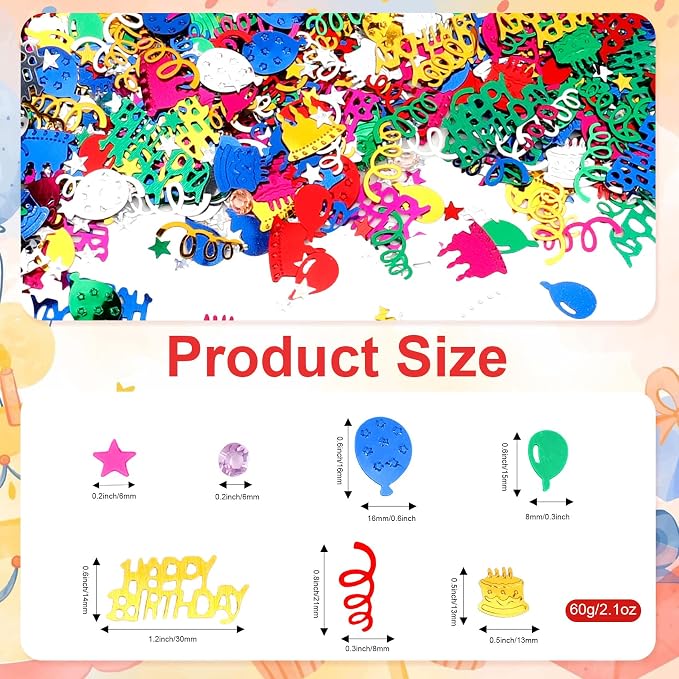 Birthday Confetti, Happy Birthday Party Glitter Table Confetti, 60g Multicolor Metallic Foil Cake Balloon Confettis Sprinkles Table Centerpiece for Baby Shower Party Decorations DIY Arts and Crafting