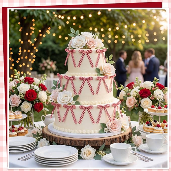 30 PCS Red Gingham Bows for Cake Ribbon Bow Cake Toppers Bow Cupcake Topper for Birthday Wedding Bachelorette Baby Shower 4th of July Decoratings Desserts and Party Food