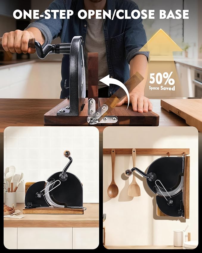 Foldable Manual Bread Slicer, Adjustable Slice, Hand-Cranked Bread Slicer with Ergonomic Handle, Hand Crank Cutter, Durable Aluminum Alloy Body And Sturdy Solid Wood Base-Black