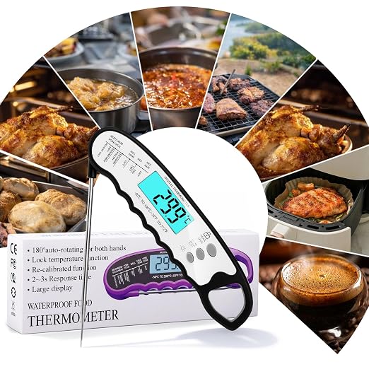 COOLMI Digital Meat Thermometer for Cooking - 2s Instant Read Food Thermometer, Waterproof, 180 Auto-Rotating Backlit Large Display, Temp Lock & Recalibration, for BBQ Grill Kitchen Oil Candy