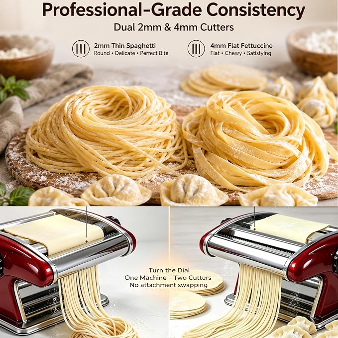 XINGYUEXUAN Manual Pasta Maker Machine, Stainless Steel Hand Crank Noodle Maker with 2mm & 4mm Cutters, Adjustable Dough Roller & Pasta Cutter for Homemade Spaghetti, Fettuccine, Lasagna, Dumpling