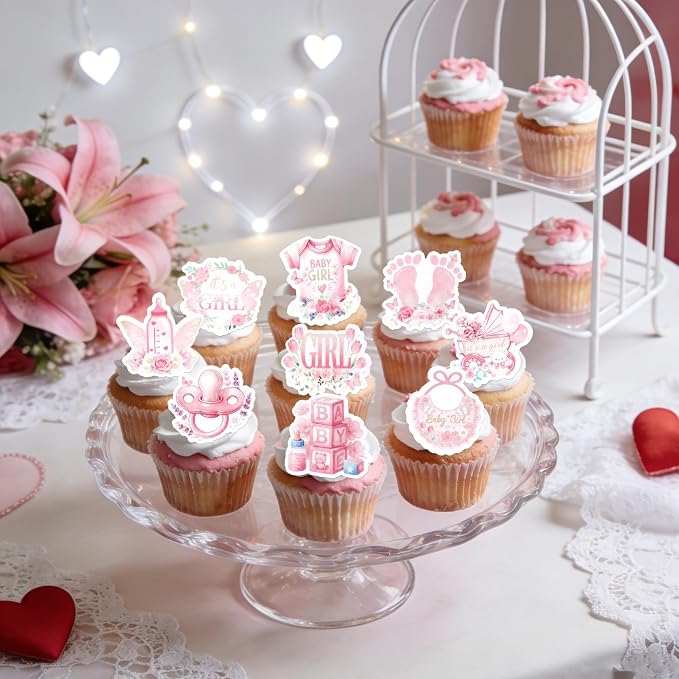 63 PCS Edible Baby Shower Cupcake Toppers Bottle Carriage Oh Baby Girl Cupcake Picks Edible It's a Girl Cupcake Decorations for Gender Reveal Baby Shower Birthday Party Cake Decorations Supplies Pink