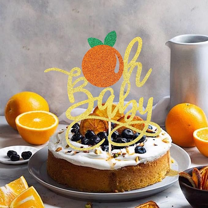 1 PCS Gold Oh Baby Cake Topper with Glitte Orange Little Cutie Cake Pick for Fruit Citrus Theme Gender Reveal Baby Shower Kids Birthday Party Decorations Supplies