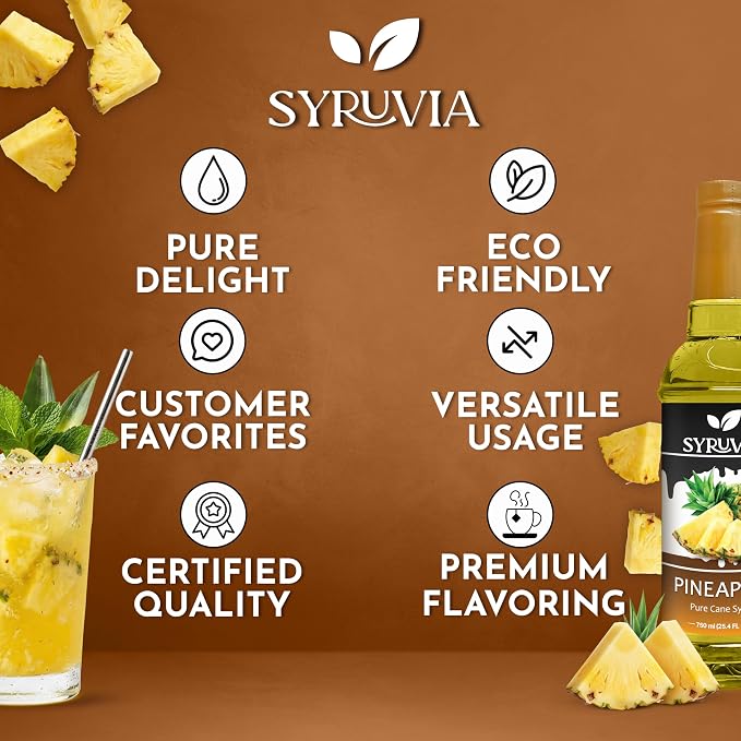Syruvia Pineapple Syrup, Flavored Syrup for Cocktails, Fruit Drinks, Lemonades, and Desserts – 25.4 fl oz - with Pump
