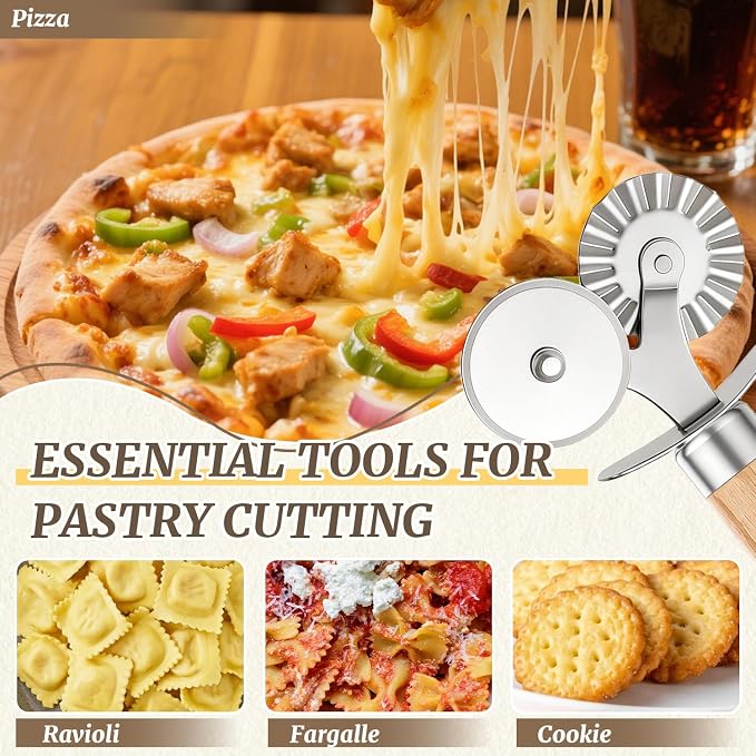 Pastry Cutter Double Wheel,Ravioli Crimper Cutter Wheel,with Exquisite Wooden Handle for Pasta Pizza Ravioli Cookie,Making Tools for Home and Kitchen Use