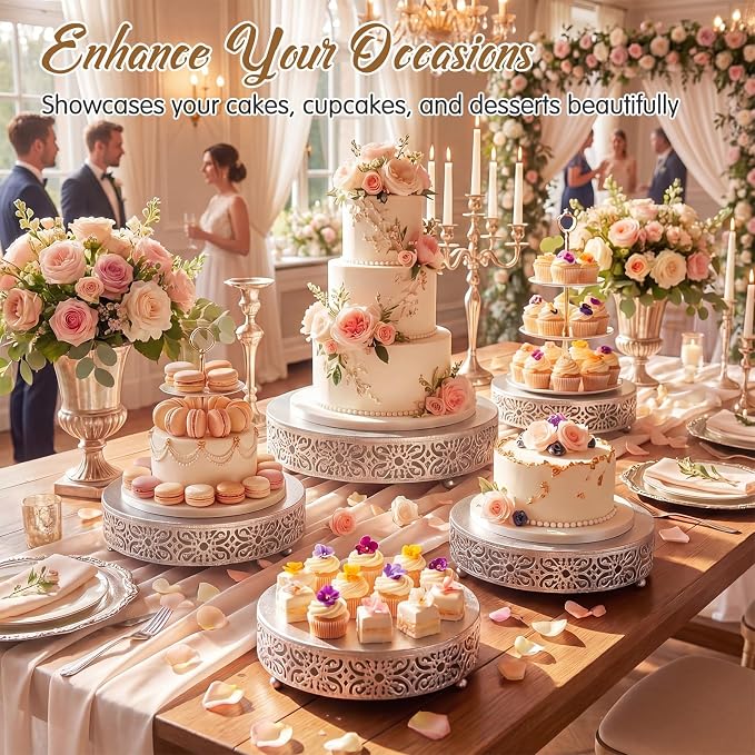 Wenqik 5 Pcs Metal Silver Cake Stand, 8" 10" 12" 14" 16" Large Round Cupcake Stand Dessert Table Display Set Golden Cake Holder for Wedding Birthday Party Bridal Shower Anniversary Table Decoration