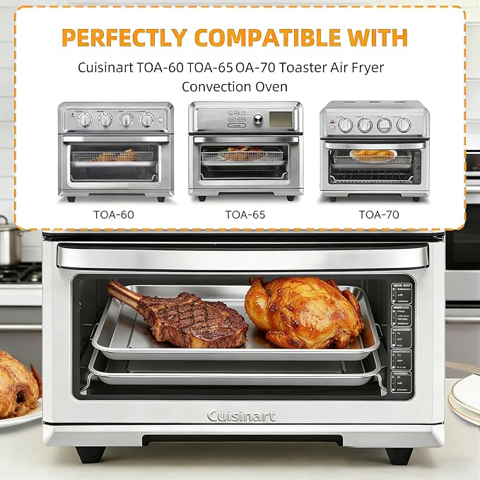 Baking Sheet Pan Set of 2, 12.4"x11" Stainless Steel Air Fryer Pan Replacement Tray for Cuisinart TOA-060 and TOA-065 TOA-70 Toaster Oven Accessories Parts for Cooking Bread and Broiling, NonStick