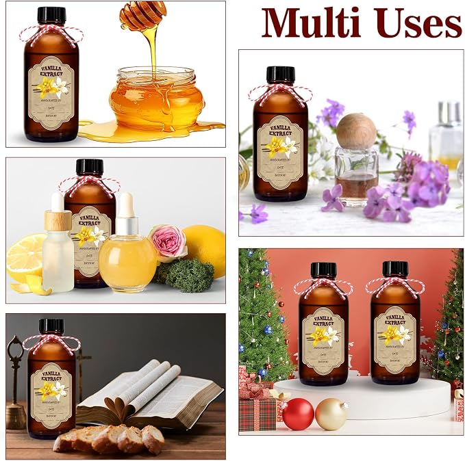 12 Pack Amber Glass Vanilla Extract Bottles 8 oz with Lids, 12 PCS Vanilla Extract Labels and Funnel, Glass Boston Vanilla Bottles for Syrup Gift, Jars Glass Bottles for Vanilla Extract