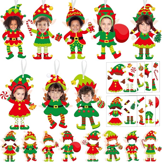 Dianelhall 24 Sets Christmas Elf Craft Kit DIY Elf Picture Frame Crafts Holiday Party Picture Frames with Xmas Dress up Sticker for Winter Christmas Classroom Holiday Party Activities