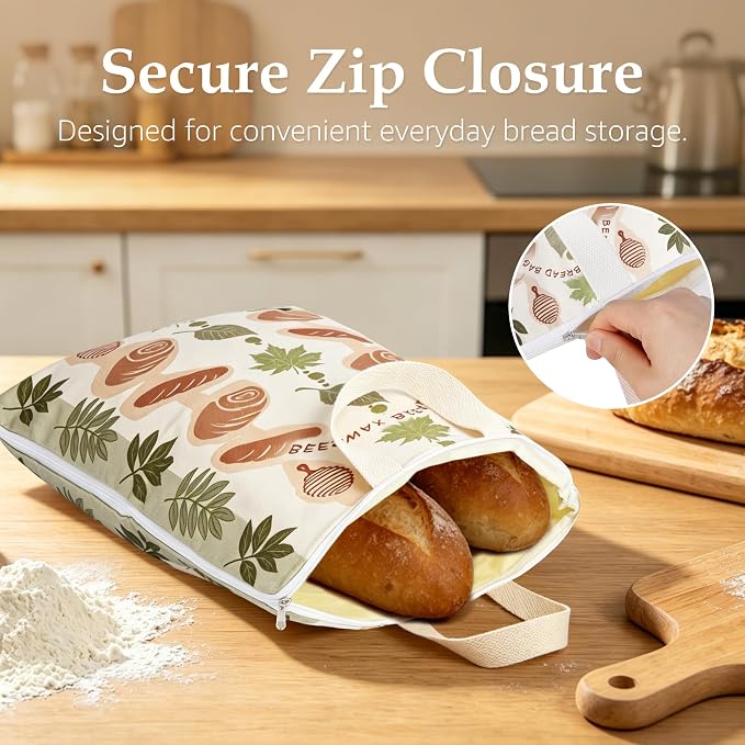 2 Pack Beeswax Bread Bags for Sourdough, 17x13 Inch Reusable Cotton Bread Storage Bags with Zipper and Handle Natural Beeswax Lining Freezer Friendly with 10 Food Labels Included (Bakery Leaves)