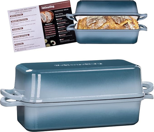 11x5 Inch Cast Iron Loaf Pan With Lid, 5.8 Qt Large Loaf Pans for Sourdough Bread Baking, Heavy Duty Dutch Oven Bread Pan For a Crispy Crust, Seasalt