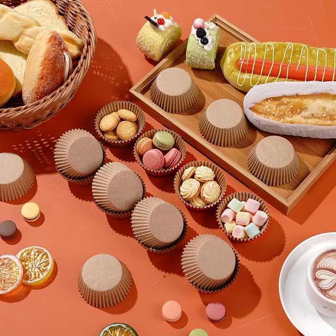 100PCS Natural Cupcake Liners Brown Paper Baking Cups Standard Size Muffin Cupcake Wrappers Nuts Serving Containers for Rustic Wedding Bridal Shower Graduation Xmas Birthday Party Cake Decor