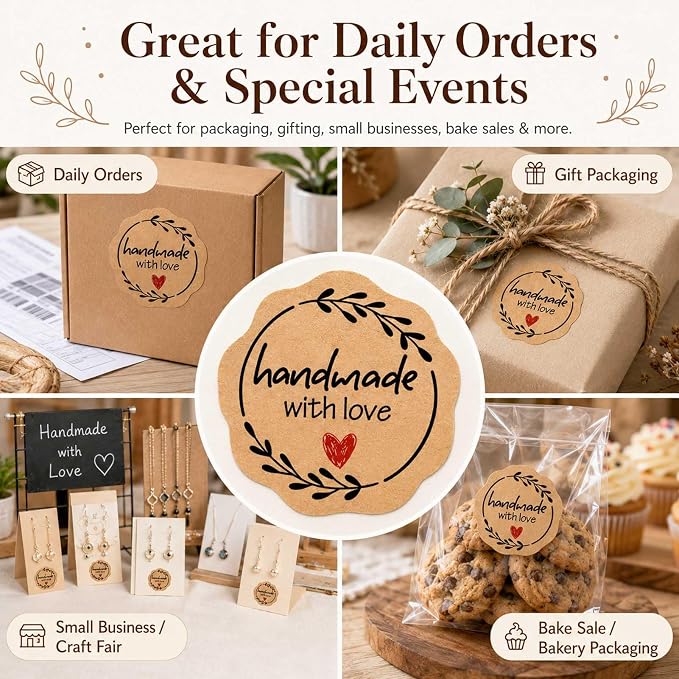 100 Pcs Handmade with Love Stickers, Kraft Paper Bakery Stickers for Bakers & Small Businesses, Packaging Labels for Bread Bags, Treat Bags, Gift Wrapping and Baked Goods 1.7 Inch