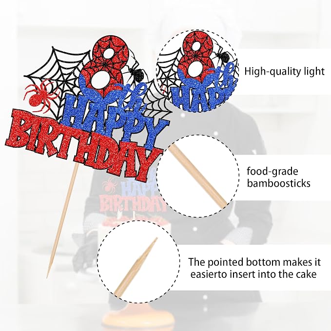 1 PCS Happy 8th Birthday Cake Topper Glitter Spider Web Cheers to 8 Years Seven Birthday Cake Pick Superhero Spider Party Decorations for Boys Girls Happy 8th Birthday Party Cake Decorations Supplies