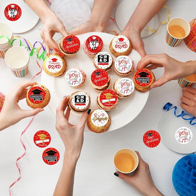 36PCS Edible Graduation Cap Cupcake Toppers Wafer Paper Grad Cap Diploma Cake Decorations Edible Grad Cap Cupcake Picks for 2026 Grad Theme Party Cake Decor Supplies (Red)