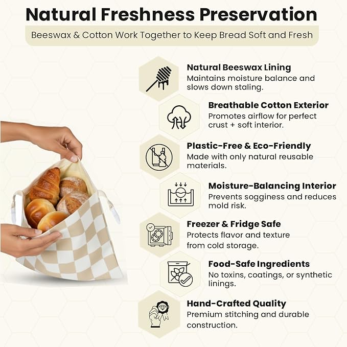 2-Pack XL Premium Reusable Beeswax Bread Bags 17x13 - Artisan Sourdough Keeper, Organic Cotton, Freezer-Safe Homemade Bread Storage - Eco Bread Gift for Bakers