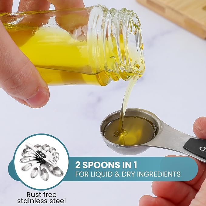 Zulay Kitchen Stackable Magnetic Spoons Set of 8 - Dual Sided Magnetic Measuring Spoons Set Fits In Spice Jars - Stainless Steel Measuring Spoons Magnetic For Dry and Liquid Ingredients (Black)