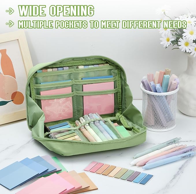 Jutom 39 Pcs Aesthetic Book Annotation Kit Highlighter with Case Bag Gel Pen Transparent Sticky Note Taking Bible Supplies(Green,Kawaii Style)
