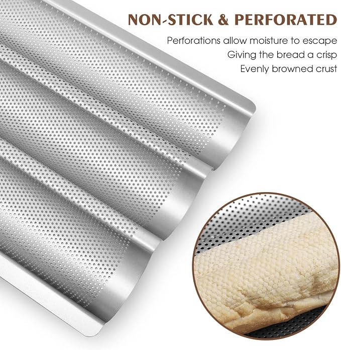 Baguette Pan, French Bread Pans For Baking Pan, Nonstick 3 Slots Perforated Italian Loaf Pan Mold Long French Bread Pan, Silver