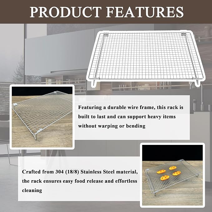Set of 2 Cooling Racks with Folding Legs，for Cooking, Roasting, Drying, Rust-Resistant 304 (18/8) Stainless Steel Cooling Grilling for Baking, Heavy Duty Tight-Wire, 17 x 11.2 inches